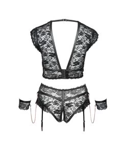Cottelli Lingerie Black Lace Crotchless Suspender Set With Wrist Cuffs -Sex Toy Store black lace crotchless suspender set with wrist cuffs b