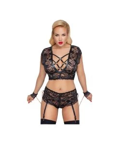 Cottelli Lingerie Black Lace Crotchless Suspender Set With Wrist Cuffs