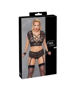 Cottelli Lingerie Black Lace Crotchless Suspender Set With Wrist Cuffs -Sex Toy Store black lace crotchless suspender set with wrist cuffs p
