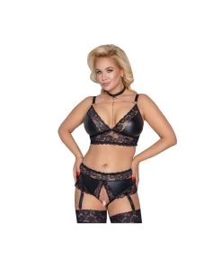 Cottelli Lingerie Black Matte Look & Lace Crotchless Suspender Set