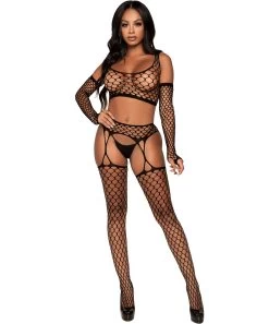 Leg Avenue Black Net Crop Top With Gloves And Tights