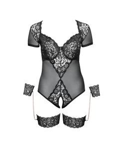 Cottelli Lingerie Black Sheer Mesh Crotchless Bodysuit With Wrist Cuffs -Sex Toy Store black sheer mesh crotchless bodysuit with wrist cuffs f