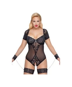 Cottelli Lingerie Black Sheer Mesh Crotchless Bodysuit With Wrist Cuffs -Sex Toy Store black sheer mesh crotchless bodysuit with wrist cuffs fm2