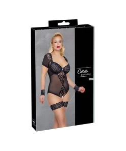 Cottelli Lingerie Black Sheer Mesh Crotchless Bodysuit With Wrist Cuffs -Sex Toy Store black sheer mesh crotchless bodysuit with wrist cuffs p