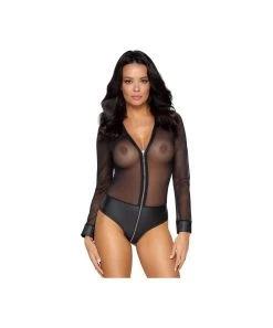 Cottelli Lingerie Black Sheer Mesh Bodysuit With Zipper