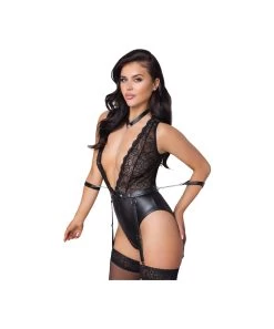 Cottelli Lingerie Bondage Black Matte Look & Lace Crotchless Bodysuit