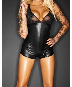 Noir Handmade Black Matte Look Bodysuit With Sheer Inserts