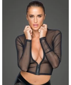 Noir Handmade Black Sheer Mesh Crop Top With Zipper