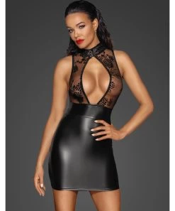 Noir Handmade Black Matte Look & Sheer Mesh Mini Dress